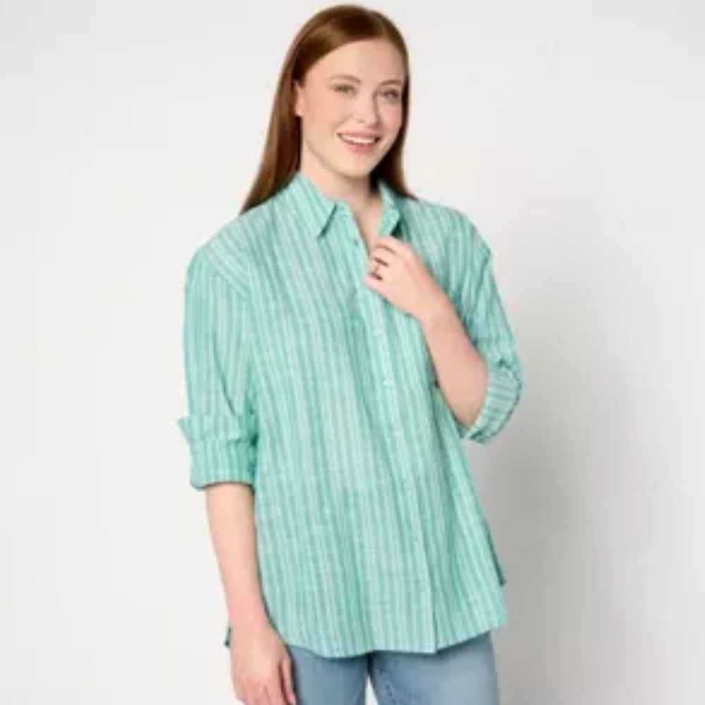 BEAUTIFUL by Lawrence Zarian Green White Striped Cotton Button Front Shirt Sz S
